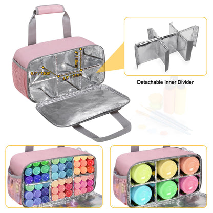 Acrylic Paint Organizer Bag for up to 54 Bottles (2 oz), Art Supply Storage Case with Handle Strap, Extra Pocket for Paint Brushes, etc, Aluminum Foil Liner for Easy Cleaning, Patented Design (Pink)