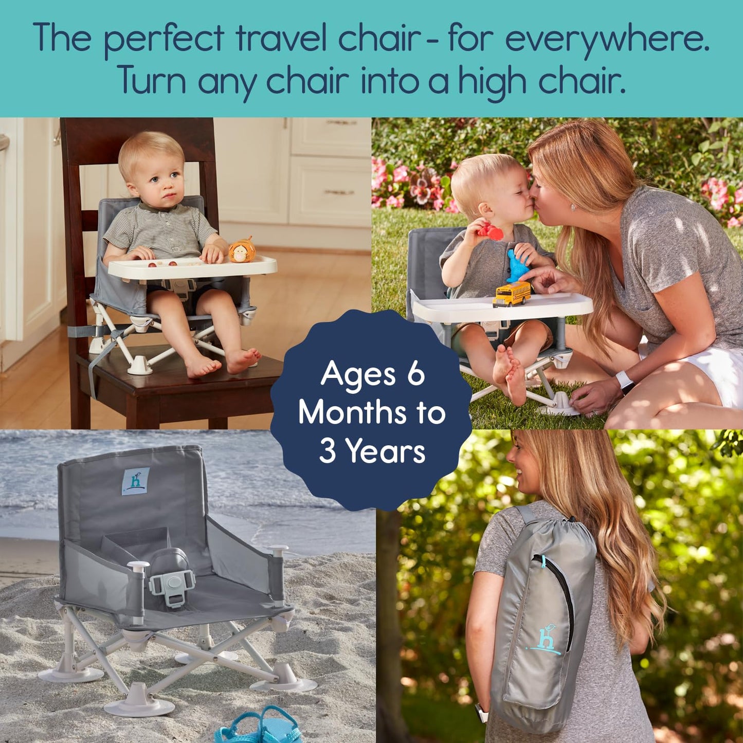 Hiccapop OmniBoost Travel Booster Seat with Tray for Baby, Dining Table, Camping, Beach, Grandma’s | Folding Portable Tip-Free Design Straps to Kitchen Chairs