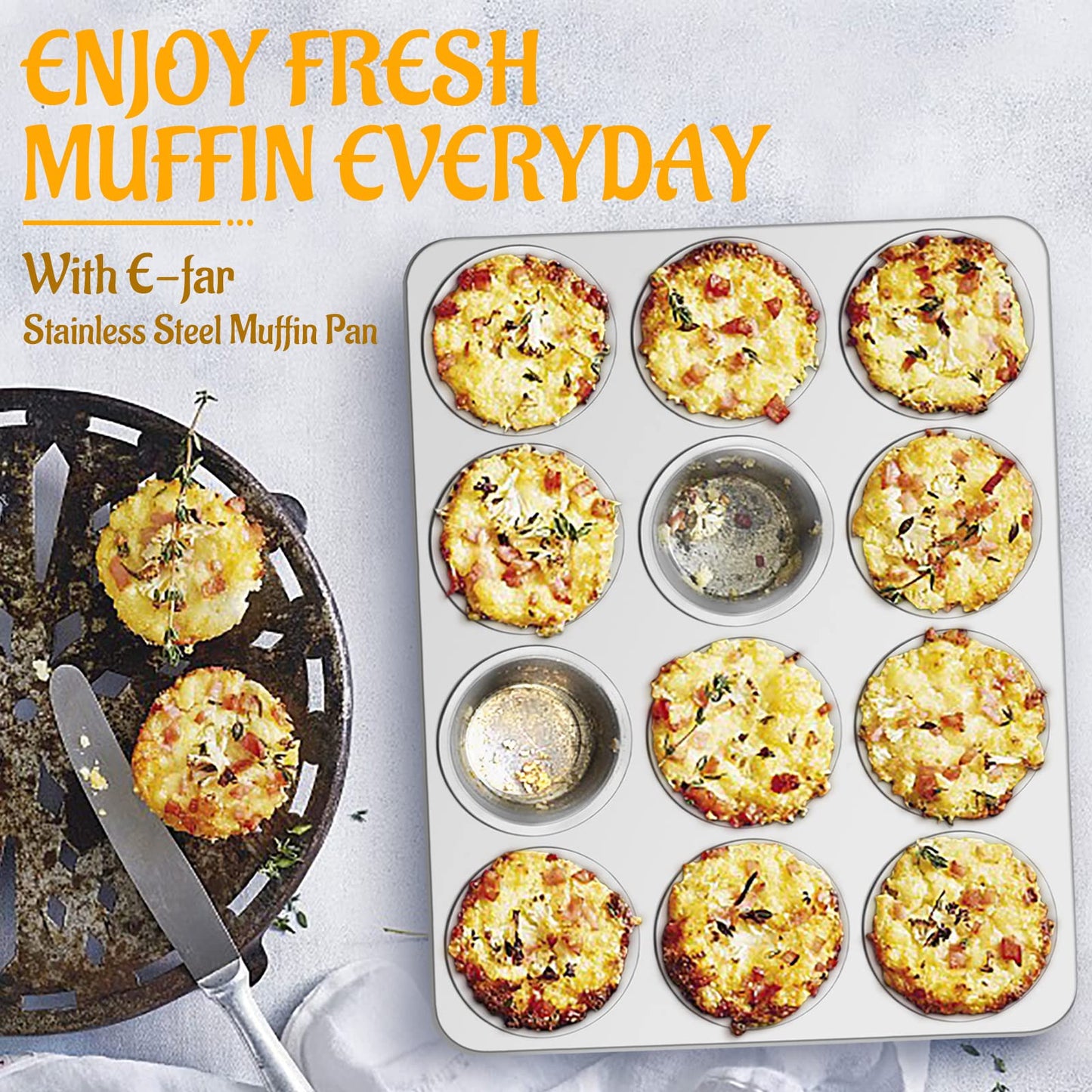 E-far Muffin Pan 12-Cup, Set of 2, Stainless Steel Cupcake Pan Metal Muffin Baking Tins for Oven, Regular Size & Easy Clean, Non-toxic & Dishwasher Safe