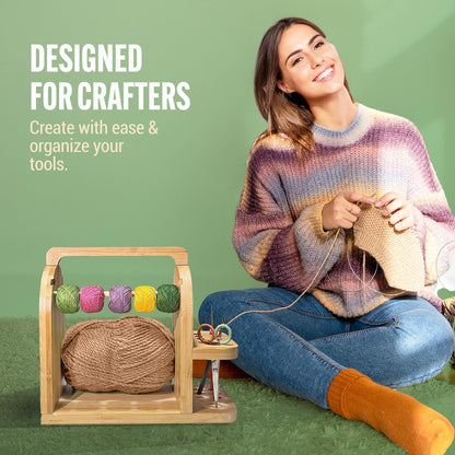 Yarn Holder for Crochet Accessories – Durable Bamboo Wood Knitting Accessories Yarn Storage Organizer with Built-in Phone Stand – Tangle-Free Dual Rods and Tool Holder – Works with Skein, Cake, Ball
