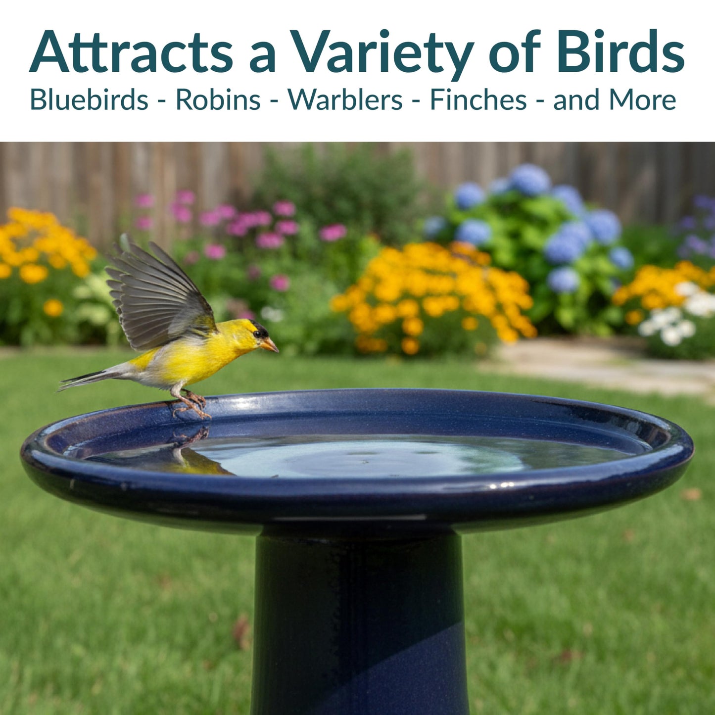 Sunnydaze 21" H Ceramic Bird Bath for Outside - Hand-Painted Outdoor Bird Bath Bowl, UV/Frost-Resistant Finish - Midnight Blue