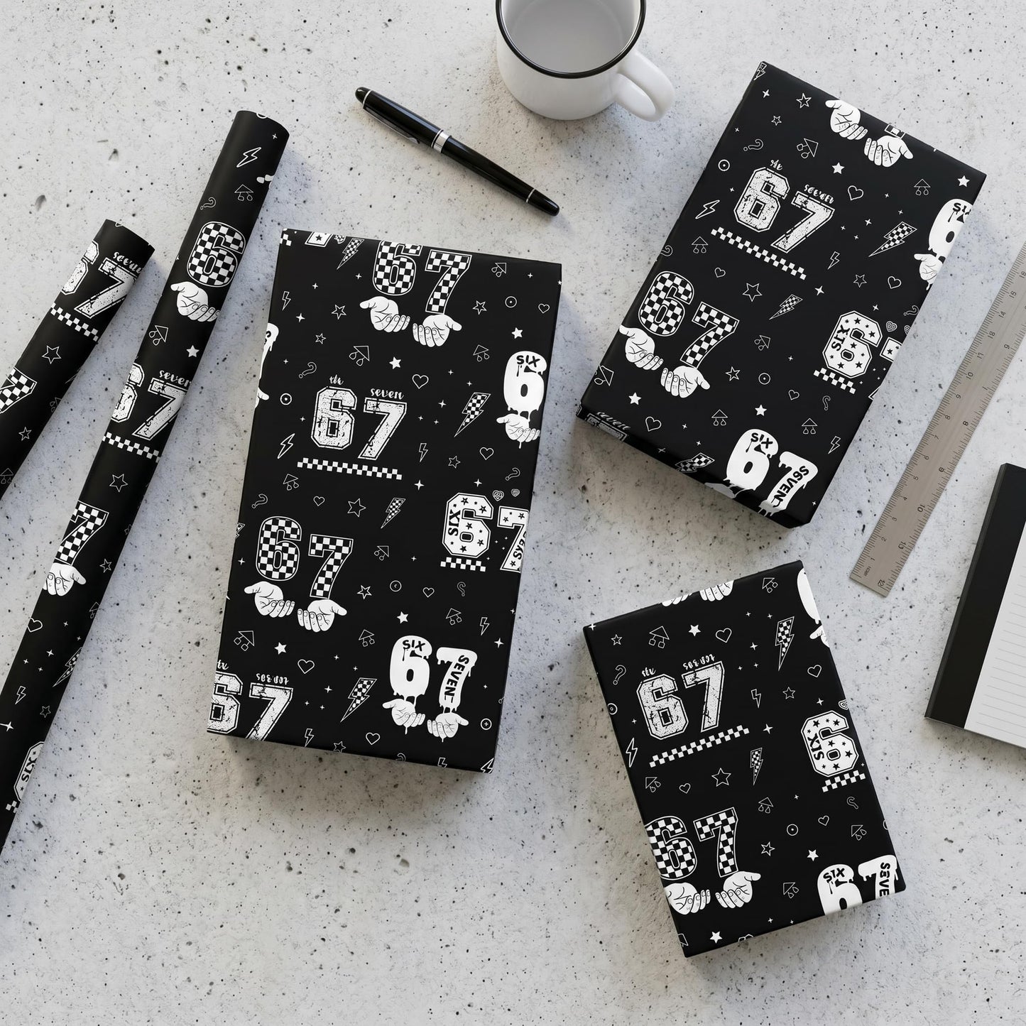 Joviwrap 6 7 Funny Number Wrapping Paper Roll, Black White Graffiti Style Wrapping Paper with Checkered Pattern, Playful Humor Design for 6 7 Fans Teens Birthday Party Supplies, 17 In x 16.4 Ft