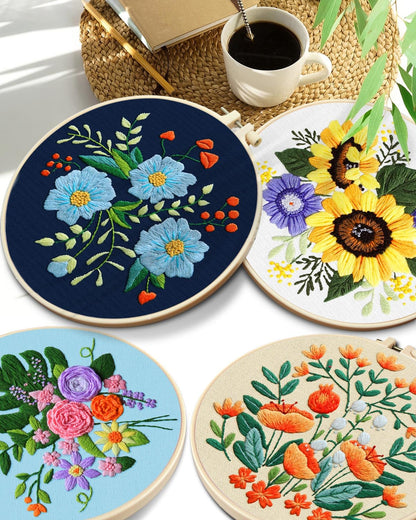 TINDTOP 4 Sets Embroidery Kit for Adults, Floral Embroidery Practice Kit for Beginners Include Embroidery Cloth Hoops Threads for Craft Lover Hand Stitch with Embroidery Skill Techniques
