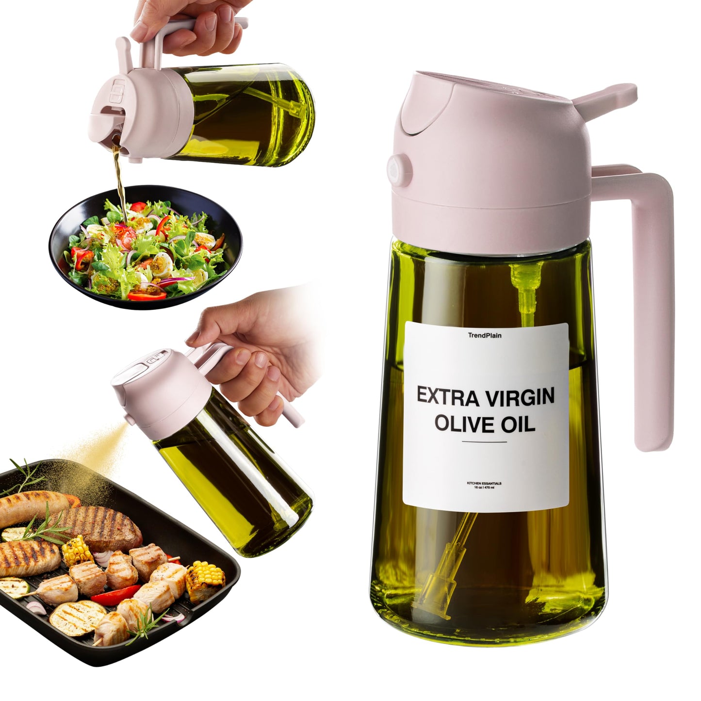 TrendPlain - Original 16oz/470ml Olive Oil Dispenser Bottle for Kitchen Gadgets and Air Fryer Accessories - Olive Oil Sprayer for Cooking w/Stickers - Black&Green