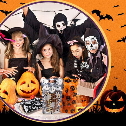 Gersoniel 100 Pcs Plastic Halloween Treat Bags with Handles Treat or Trick Halloween Goodie Gift Bag Resealable Pumpkin Ghost Candy Cellophane Zipper Bags for Gift Wrapping Supplies