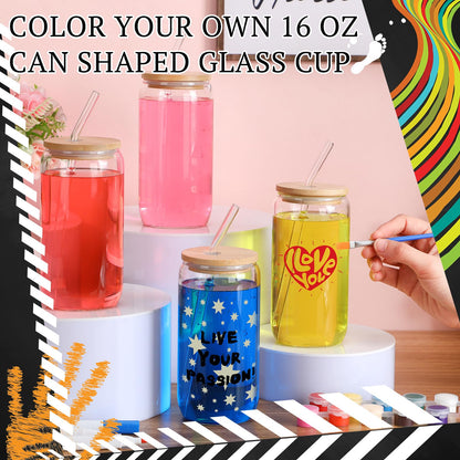 Pickmesh 8 Set Glass Painting Kit for Valentines Day Gifts Adult 16 oz Glass Tumbler with Lids and Straws 12 Markers 12 Colors Acrylic Pain with Brushes to Design Your Own Wine Glasses Gifts