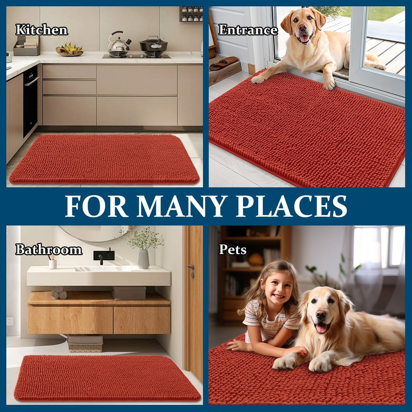 OLANLY Dog Door Mat - Absorbent Non-Slip Mud Mat for Dogs | Quick Dry Chenille, 35x24, Maple Red