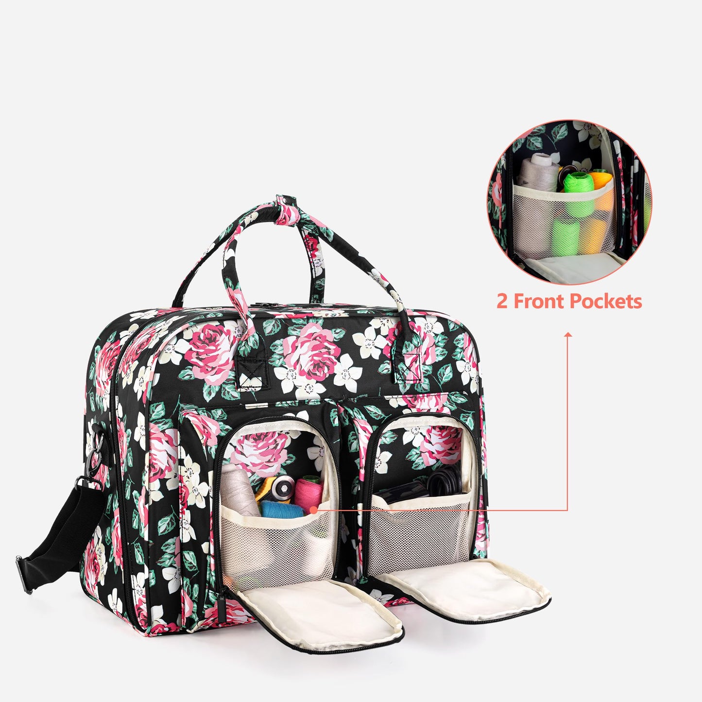 Teamoy Sewing Machine Carrying Case, Sewing Machine Tote with Bottom Wooden Board Pad for Most Standard Sewing Machines and Accessories, Peony