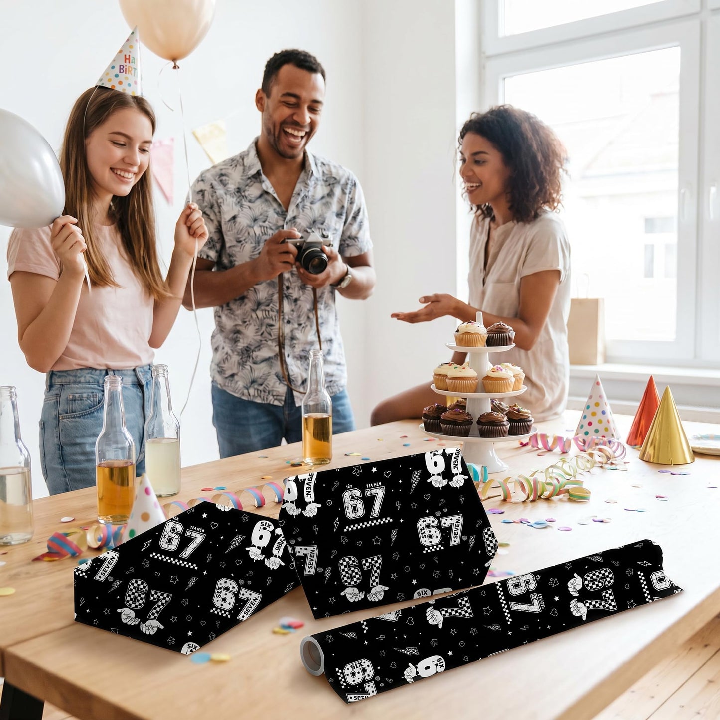 Joviwrap 6 7 Funny Number Wrapping Paper Roll, Black White Graffiti Style Wrapping Paper with Checkered Pattern, Playful Humor Design for 6 7 Fans Teens Birthday Party Supplies, 17 In x 16.4 Ft