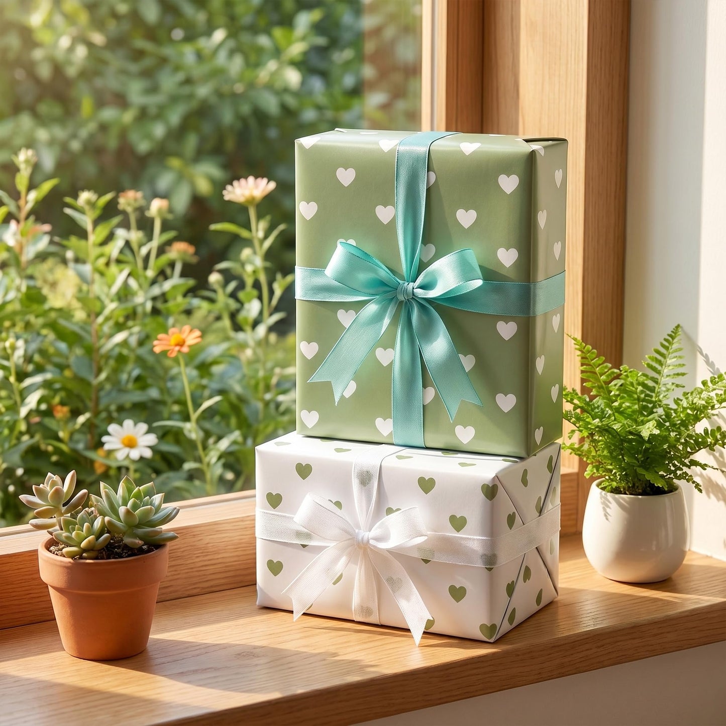 WRAPLULU Reversible Hearts Wrapping Paper Roll - 17.5" * 26 Ft. - Sage Green Gift Wrap, Perfect for Wedding, Bridal Shower, Valentines Day, Anniversary, Birthday, Baby Shower, Mother's Day