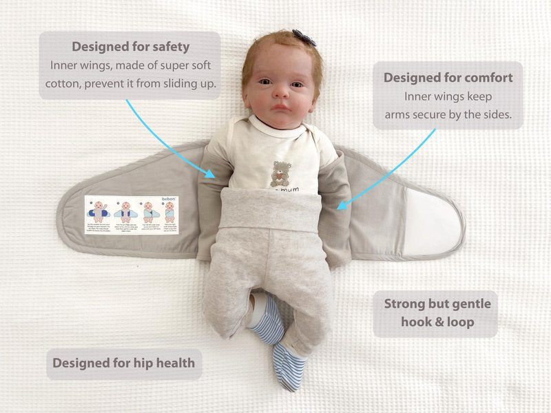 bebon Baby Arm Swaddle | Adjustable Swaddle Wrap for Newborns and Infants – Dual-Wing Design Comfortably Secures Arms Only | Ultra-Soft Cotton (Grey, Large)