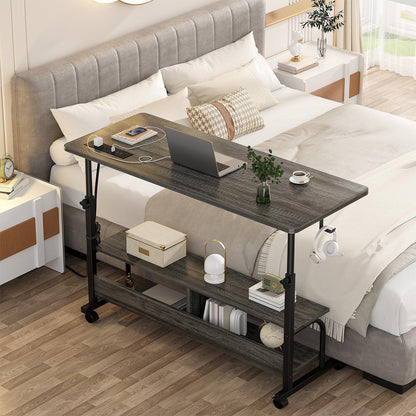 Armocity Rolling Standing Desk with Charging Station, Portable Height Adjustable Mobile Computer Desk with Wheels & 2-Tier Shelves & Hooks, Easy Assembly Laptop Table for Couch Bed, 47" Grey Oak