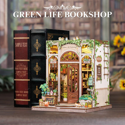 Fsolis Book Nook Kit, 3D Wooden Puzzles for Adults DIY Miniature House Mini Building Kit Booknook Bookstore Bookshelf Diorama Garden Kit Gift for Women Puzzle Lovers (Green Life's Bookshop)