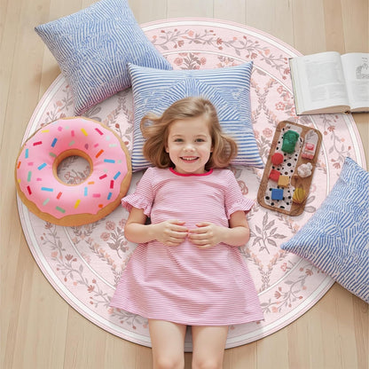 5ft Round Rug Washable Circle Rug Non Slip Low Pile Boho Floral Small Circular Rug for Bedroom, Bathroom, Entryway