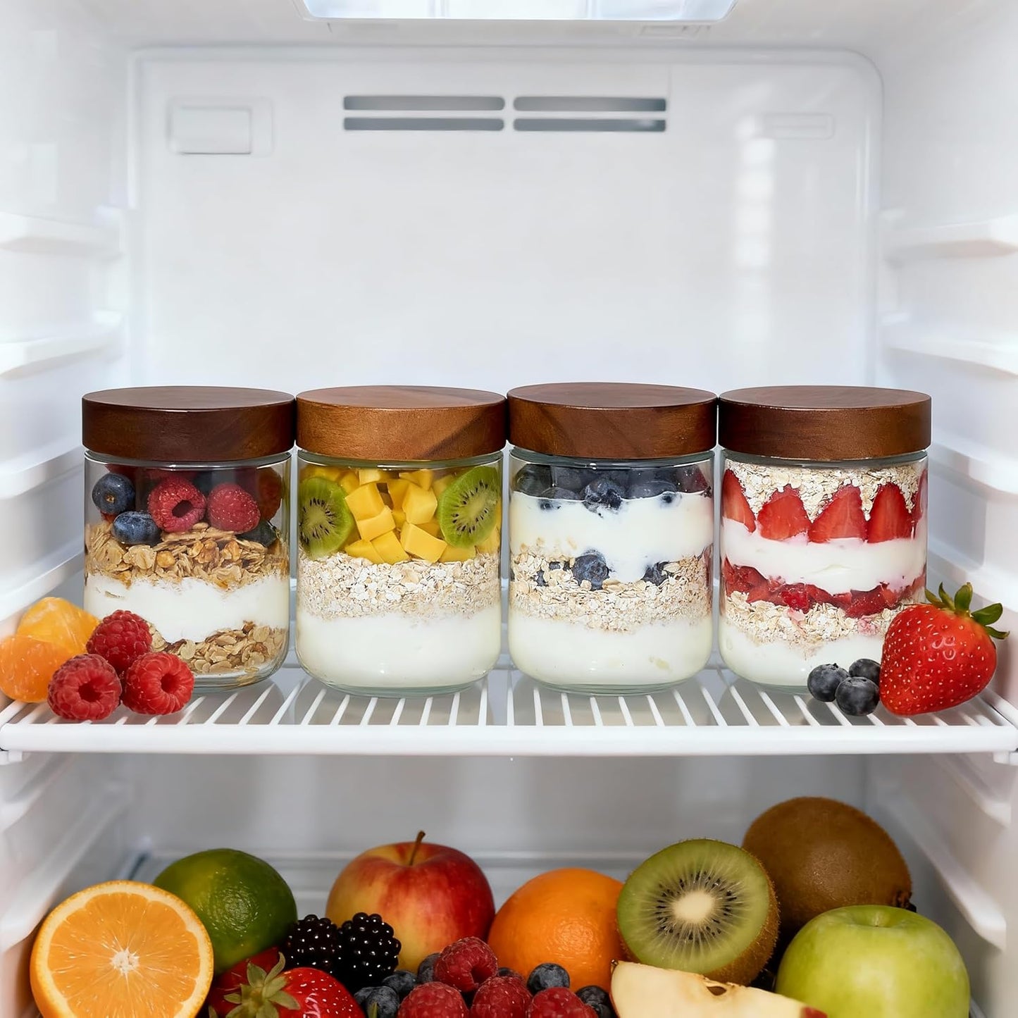16 oz 6 Pack,Mason 16 oz 100% Danmu Overnight Oats Containers with Lids,Salad Jar,Glass Jar with Wooden Lid Jars
