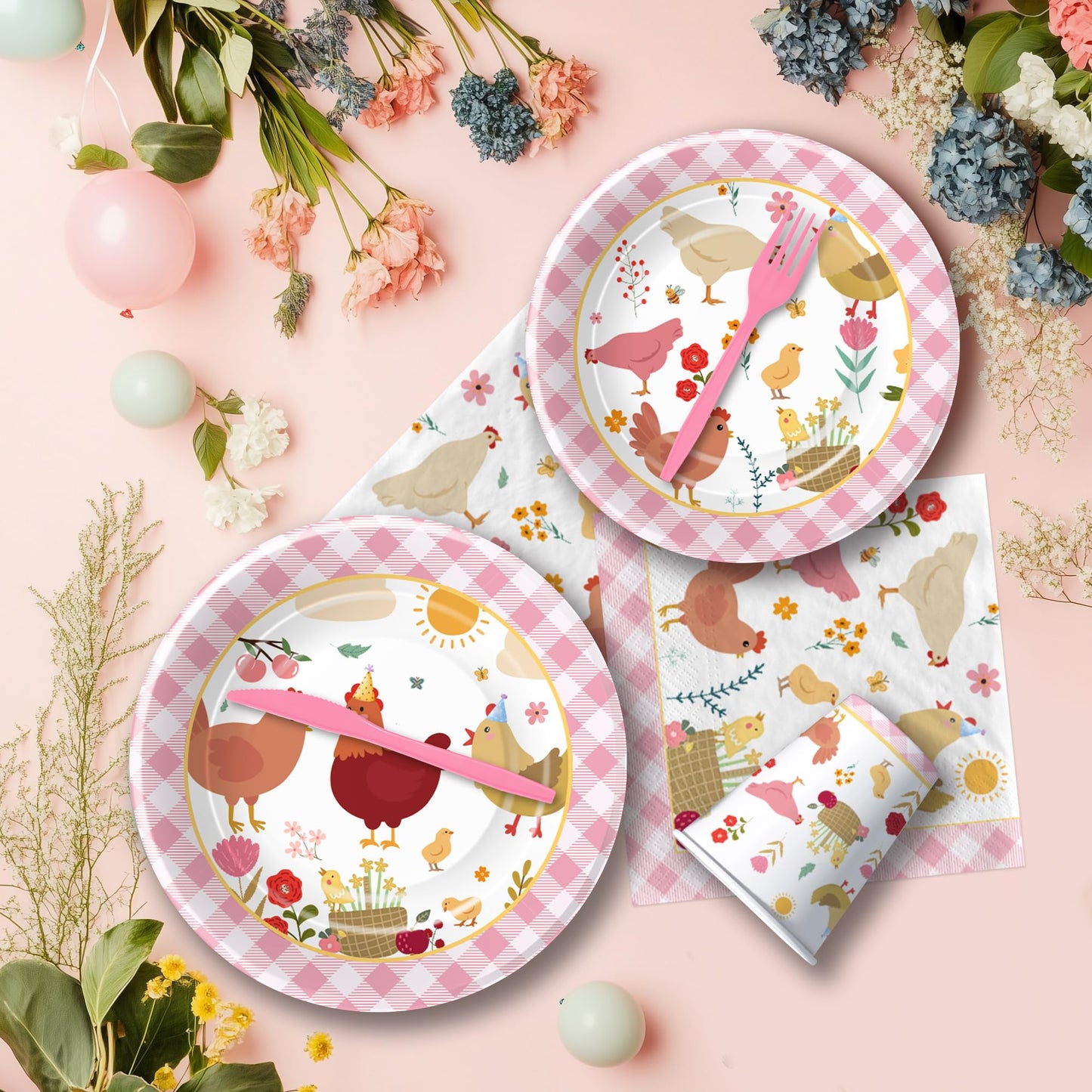 Suhelkit Chicken Party Decorations Tableware for Birthday Baby Shower, Farm Animal Barnyard Little Chick Birthday Party Supplies, Plate, Cup, Napkin, Straws, Disposable Cutlery, Tablecloth, 24 Guests
