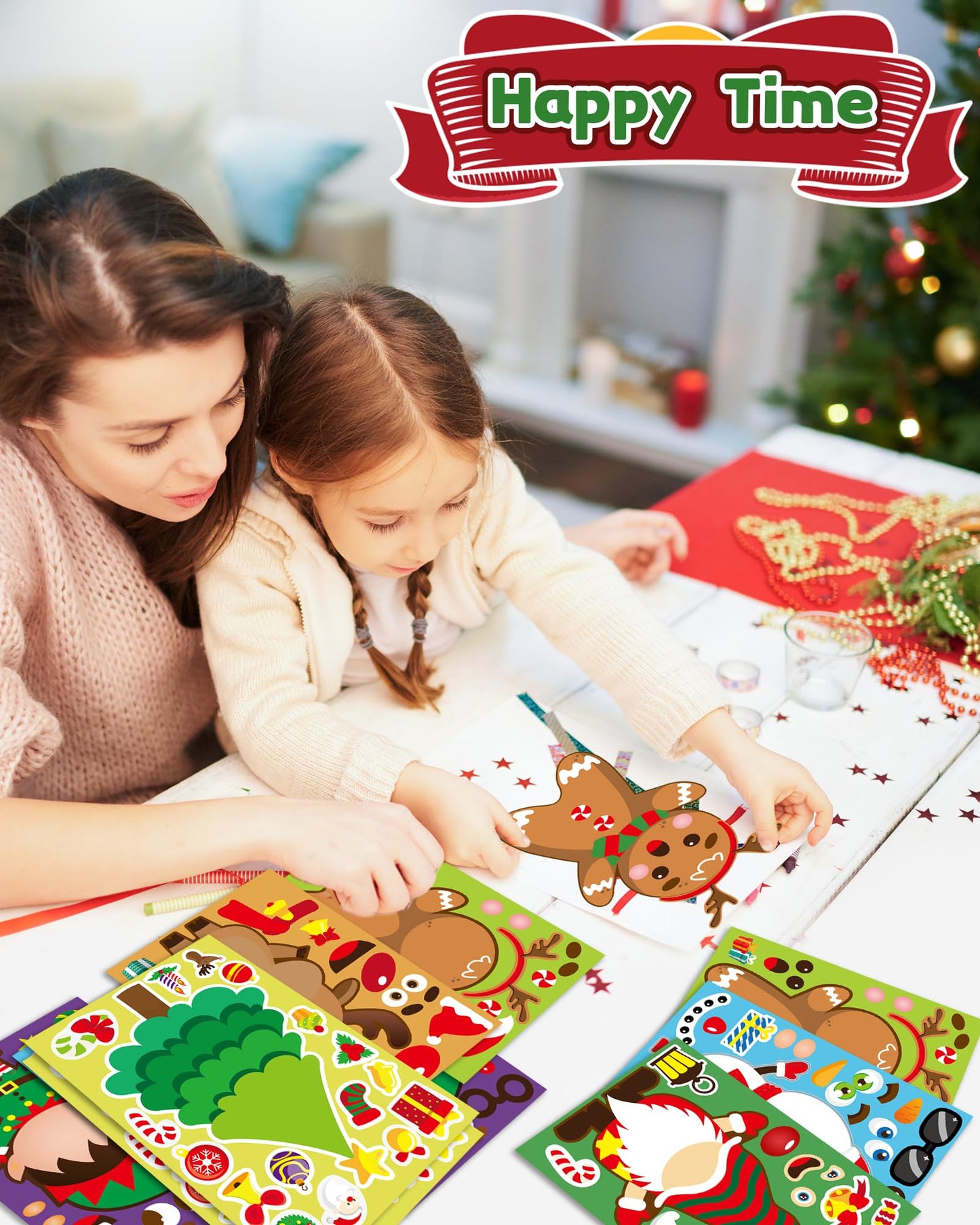 Oomloid 42 Sheets Christmas Party Favor Stickers for Kids, Christmas Goodie Bag Stocking Stuffers Face Stickers, Gifts Games Activities Holiday Sticker Crafts for Kids