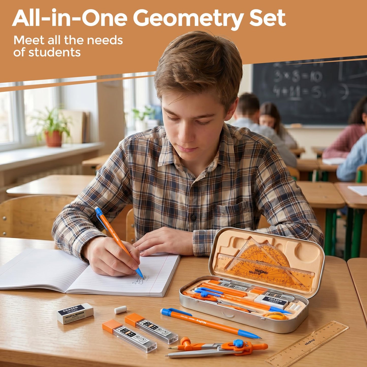 Nicpro 17 PCS Compass Geometry Set for Students, Drafting Tools Math Protractor Compass with Rulers, Mechanical Pencil, Square Set, Box of Protractors Kit for Class Supplies, Back to School Supplies