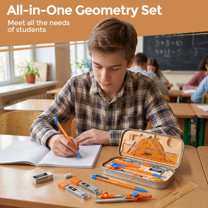 Nicpro 17 PCS Compass Geometry Set for Students, Drafting Tools Math Protractor Compass with Rulers, Mechanical Pencil, Square Set, Box of Protractors Kit for Class Supplies, Back to School Supplies