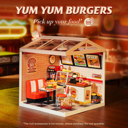 ROBOTIME Miniature House Kit DIY Plastic House Building Toy Set with LED Tiny Store Making Kit Model Craft Hobby Unique Gift (Yum Yum Burgers)