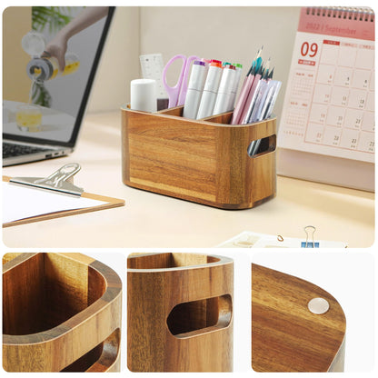 SWKHDKX Acacia Pencil Pen Holder for Desk, Wooden Office Organizer with 3 Slots for Countertop, Makeup Brush Holder Remote Control Organizer for School Home Supplies