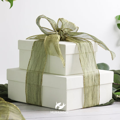 HUIHUANG Moss Green Wired Ribbon 2.5 inch Green Crinkled Silk with Gold Metallic Christmas Ribbon for Wreath Supplies Wedding Holiday Christmas Tree Decor Swags Gift Wrapping -10 Yards