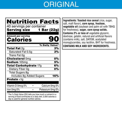 Rice Krispies Treats Crispy Marshmallow Squares, Kids Snacks, Snack Bars, Original, 31.2oz Box (40 Bars)
