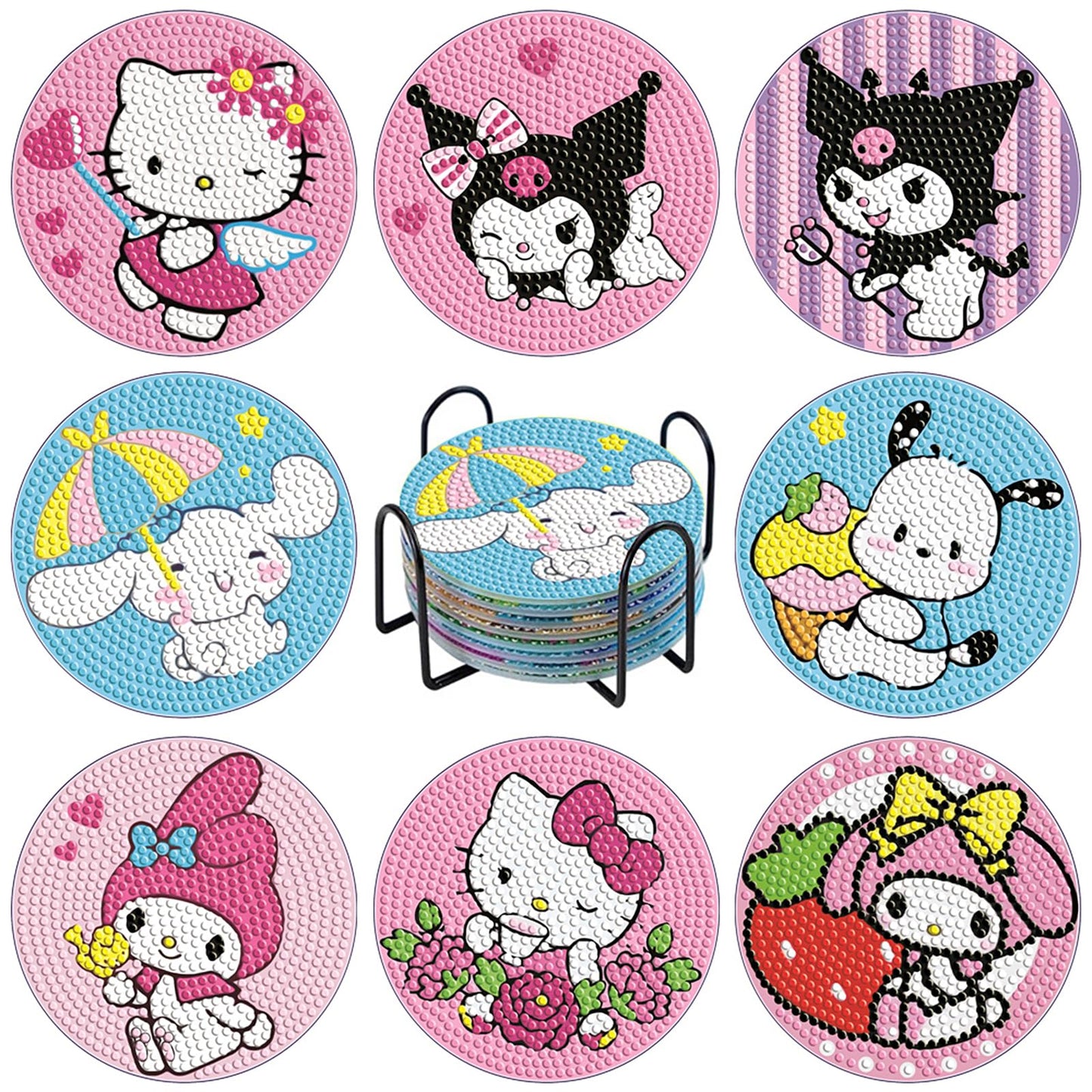 PERFECTSIGHT 8 Pcs DIY Diamond Art Painting Coasters with Holder, Cute Diamond Paint Coaster Kits for Adults, Kawaii Full Drill Diamond Art Craft Supplies, Paint by Number Non Slip Coaster, Sanlio
