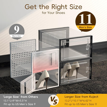 Kuject X-Large Shoe Storage Boxes Organizers Clear Plastic Stackable 12 Pack, Shoe Rack & Holder Substitute, Sneaker Containers, Toy Storage Organizer Bins for Entryway, Closet, Under Bed, Black