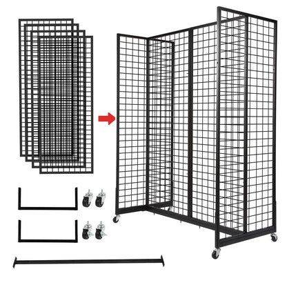 NectaCol Grid Gondola Unit, 4pcs 2'x 5' Grid wall Panels with Sturdy Frames, Gridwall Display Stand with Wheels, Craft Show Gridwall Display Rack, Art Display - Black