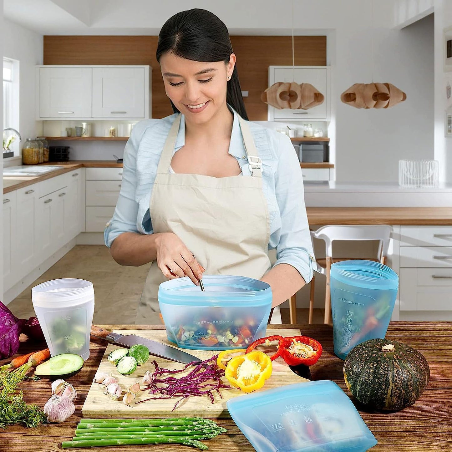 Reusable food container, silicone bag, 6 Pcs Zip Containers Can be used for fruit and vegetable snacks, etc. Microwave Dishwasher and Freezer Usable (blue)…
