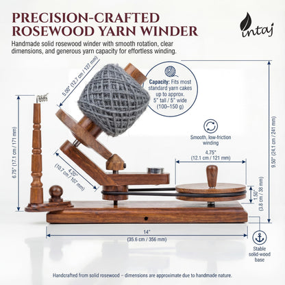 INTAJ Rosewood Yarn Winder - Large Capacity 16 oz Wooden Winder for Knitting & Crocheting - Handcrafted Heavy Duty Natural Rosewood Ball Winder - Table Top Wood Yarn Swift and Ball Winder