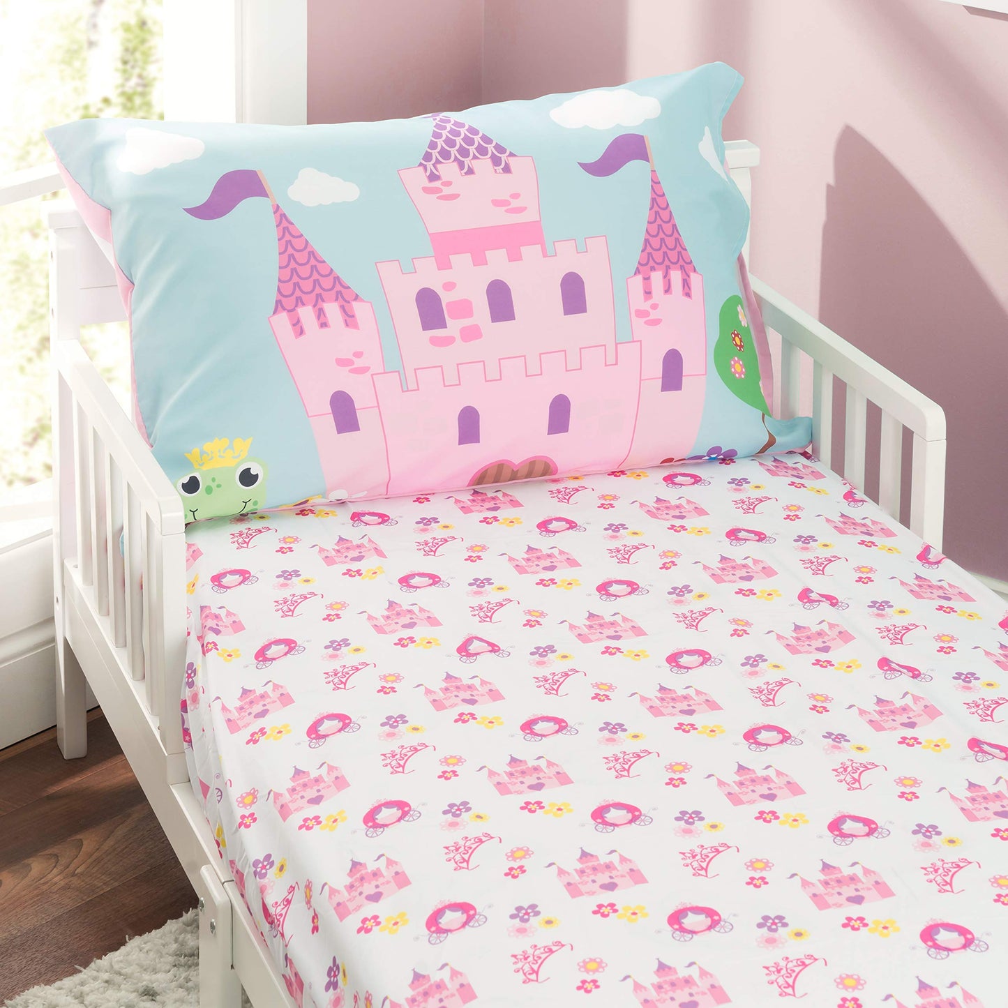 EVERYDAY KIDS Toddler Fitted Sheet and Pillowcase Set -Princess Storyland- Soft Breathable Microfiber Toddler Sheet Set