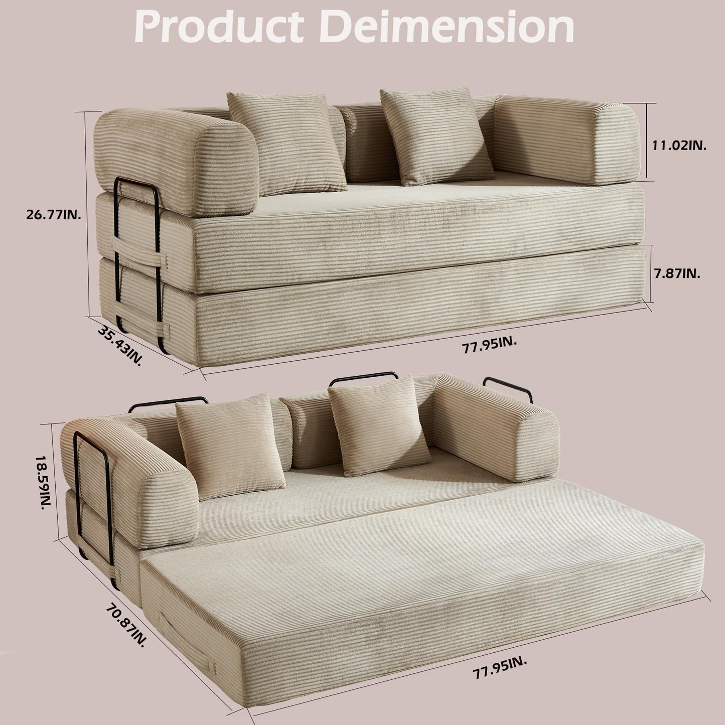 KEIKI Convertible Sleeper Sofa Bed with Cylindrical Pillow, Corduroy Folding Mattress Couch with Sturdy Frame, 4-in-1 Floor Sofa Lounge Sleeper Bed for Living Room Bedroom, Beige