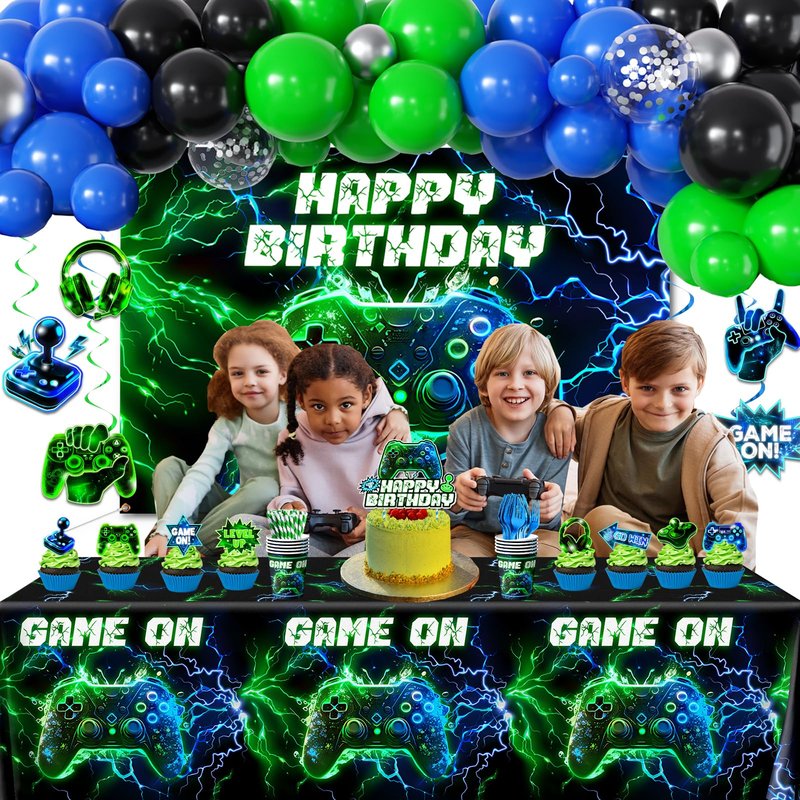 Video Game Birthday Decorations,260pcs Gaming Party Decorations Gamer Birthday Party Decorations Plates and Napkins Cups Tablecloth, Game Party Decorations for Boys Cake Topper Hanging Swirls