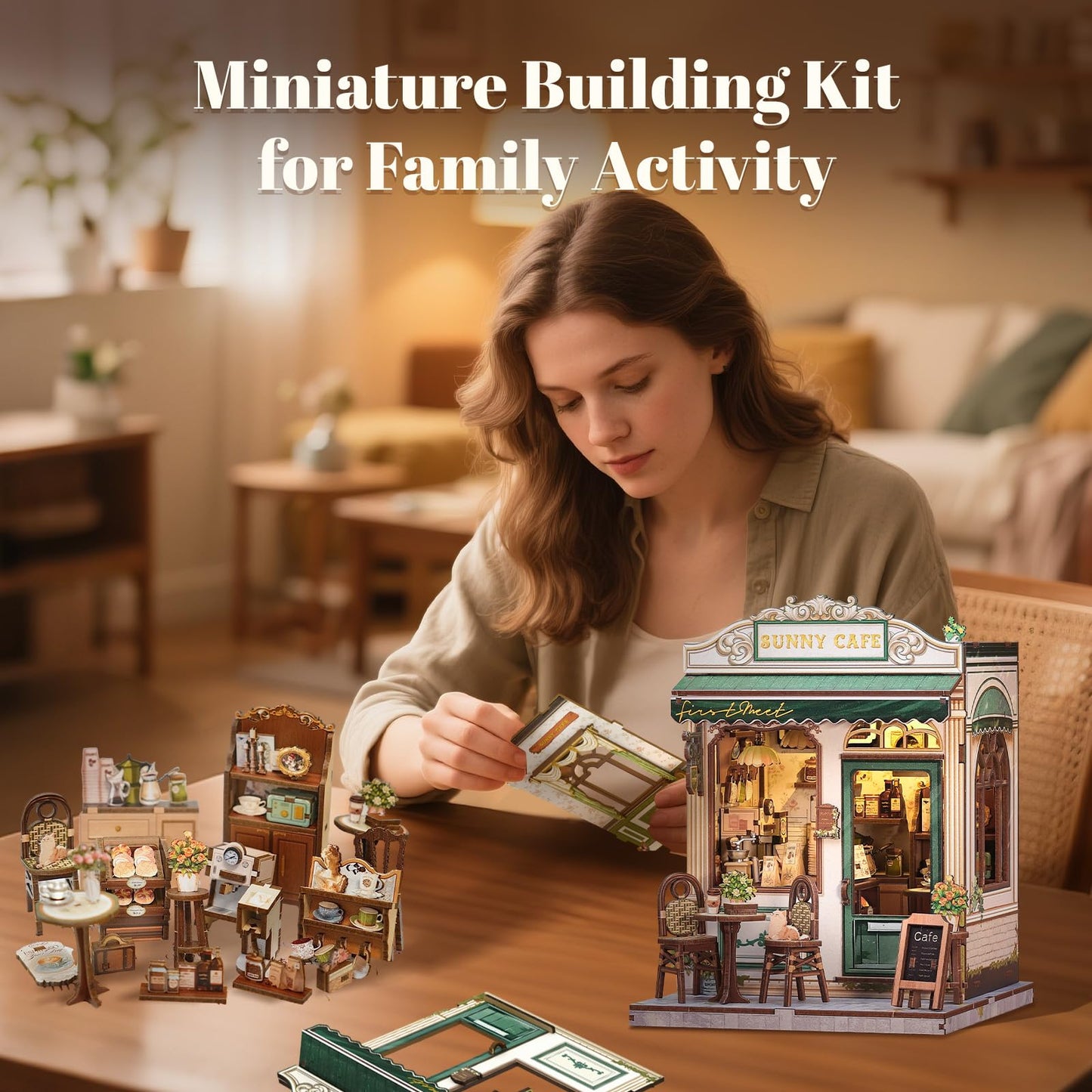 Fsolis Book Nook Kit - 3D Wooden Puzzles for Adults DIY Miniature Coffee House Booknook Gifts for Women Puzzle Lovers (Sunny Cafe)