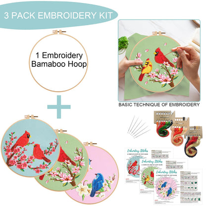 Nuberlic 3 Pack Embroidery Kit for Beginner Adults, Cross Stitch Set with Cardinal & Blue Bird Patterns, Includes Cloth, Hoops, Threads, Needles, Instructions