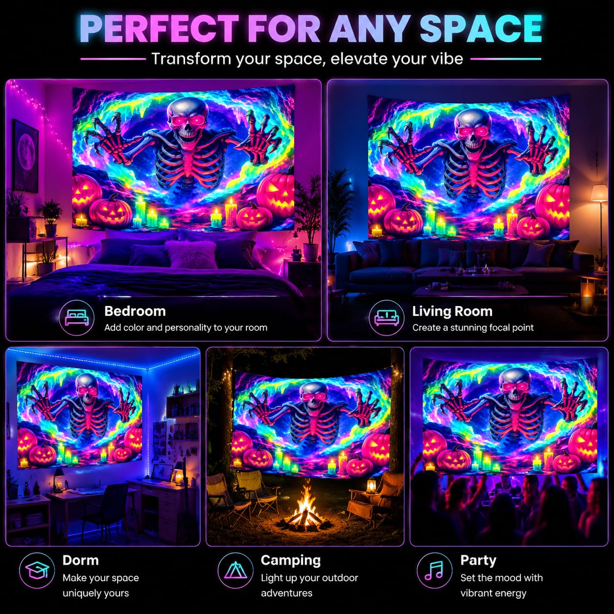 Neon Skeleton UV Tapestry 78.74X59.06in, Blacklight Reactive Tapestry Fluorescent, Hanging Neon Wall Tapestry for Bedroom Dorm, Room Tapestry Large Wall, Tapestry Room Backdrop, Halloween Decor