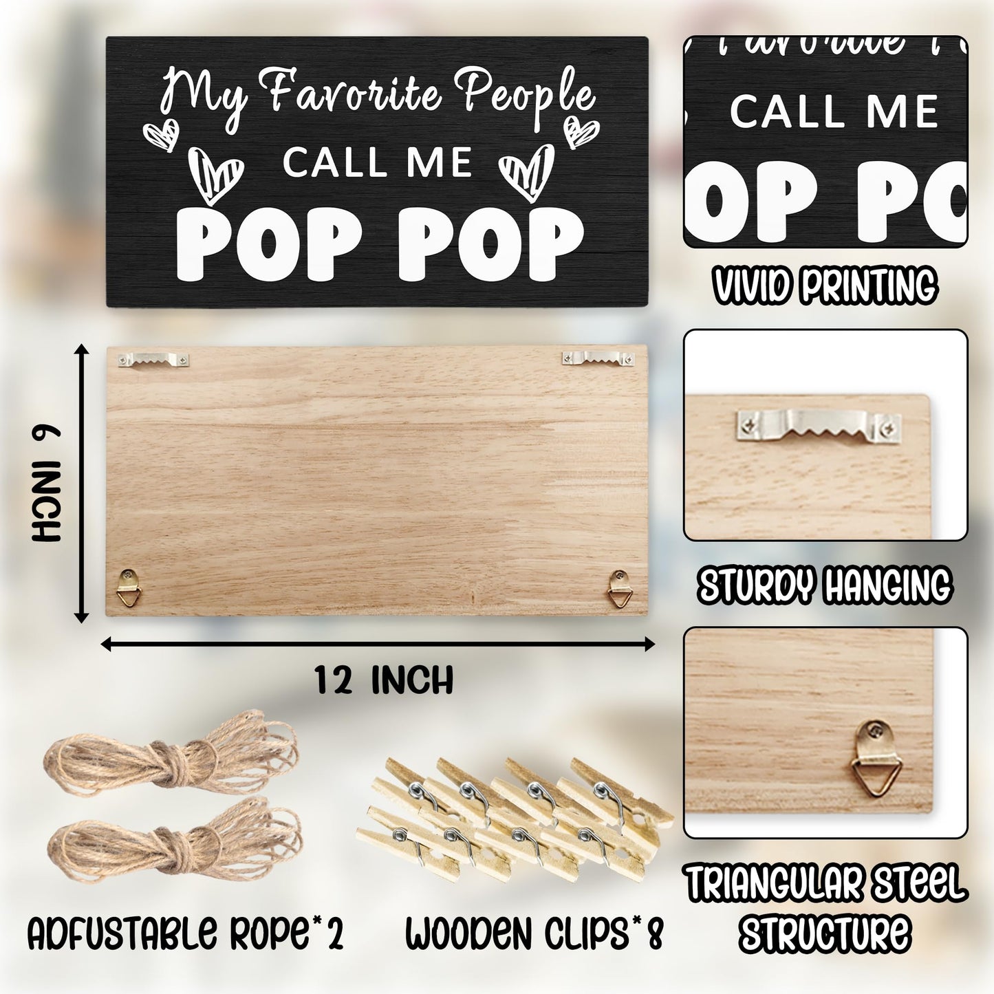 Hiuwevt Pop Pop Picture Frame Photo Hanging Display, Grandpa Gifts for Christmas, Grandfather Gifts from Grandaughters Grandsons, Father Dad Picture Board Photo Holder for Wall Decor