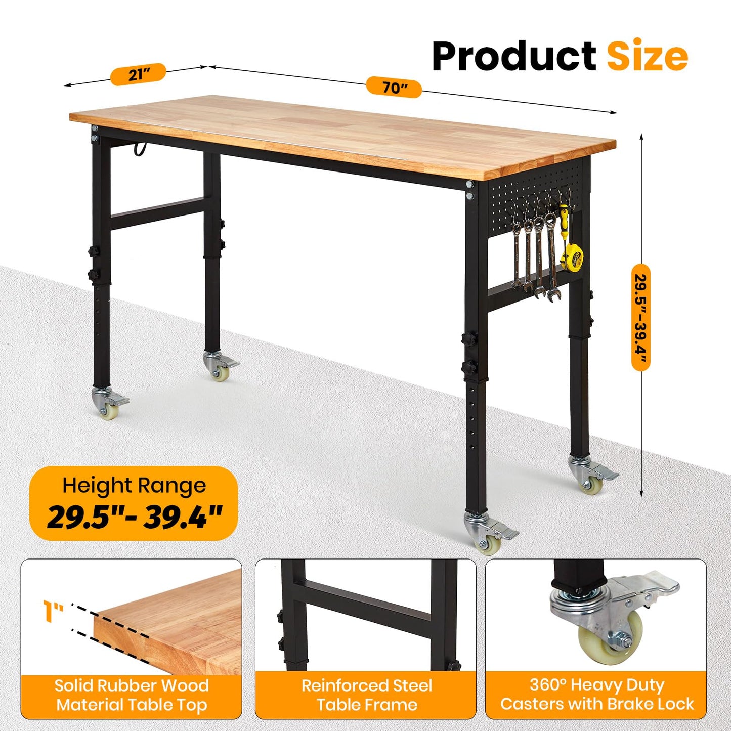 70" Adjustable Workbench with Power Outlet, 2000LBS Capacity Solid Rubber Wood Top & Thickened Steel Legs, 8-Levels Adjustable Heigh Work Table, Easy Assembly for Garage, Workshop, Home