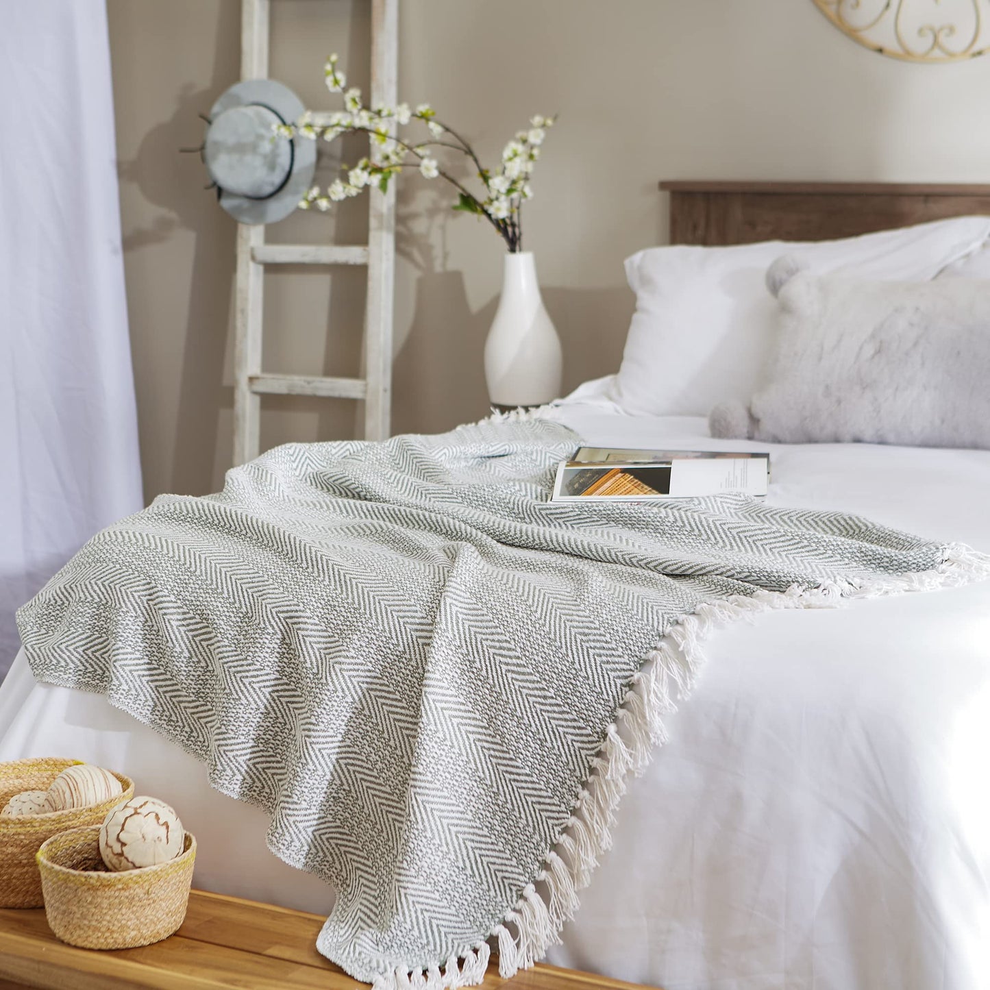 DII Herringbone Striped Collection Cotton Throw Blanket, 50x60, Artichoke