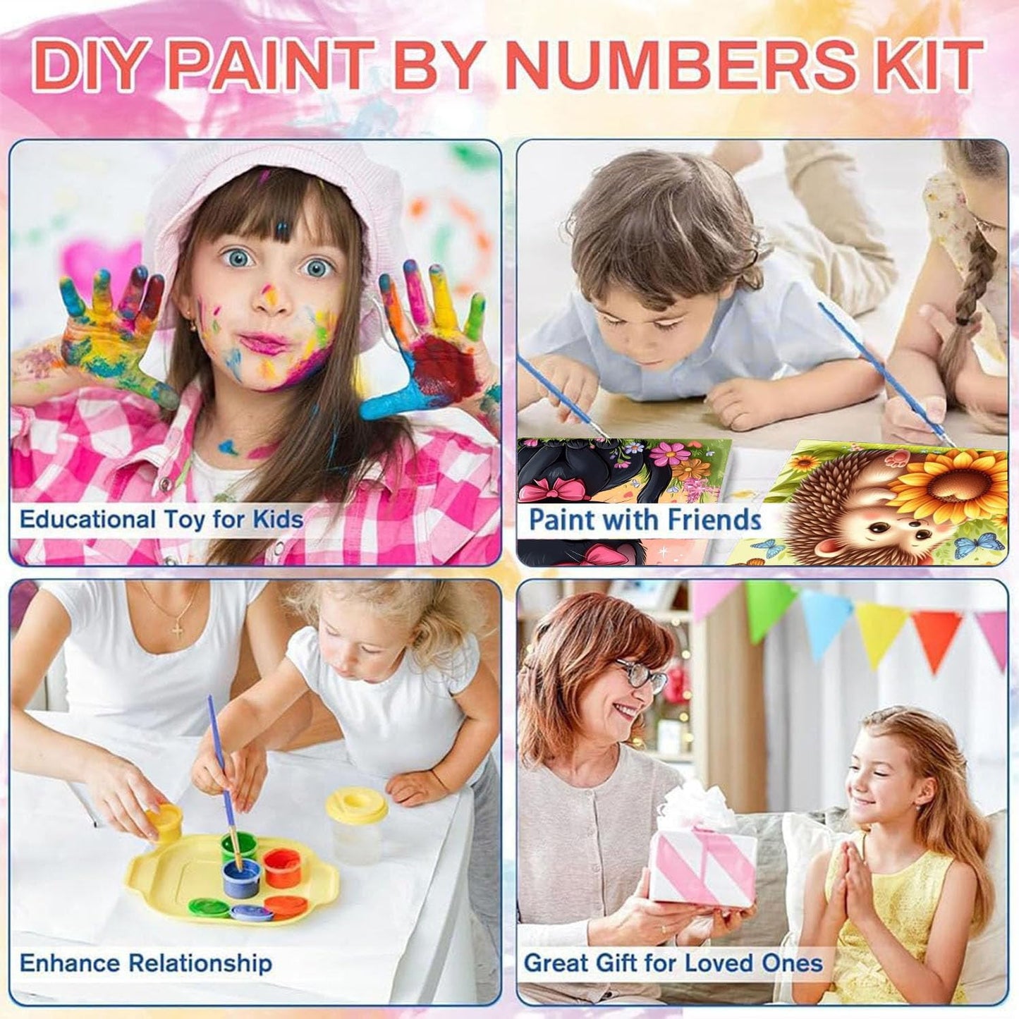 4 Pack Paint by Numbers Kit for Kids with Frame - Wooden Easel, Animal Paint by Numbers for Kids Ages 4 8 12, Easy Horse Cat Hedgehog Koala Acrylic Oil Painting Kits for Home Wall Decoration 8x8 inch