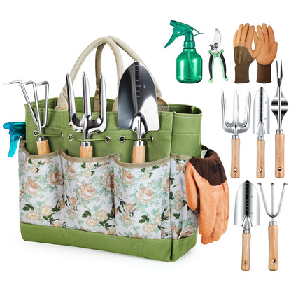 Grenebo Gardening Tools 9-Piece Heavy Duty Garden Hand Tools with Fashion and Durable Garden Tools Organizer Handbag, Rust-Proof Garden Tool Set, Ideal Gardening Gifts for Women