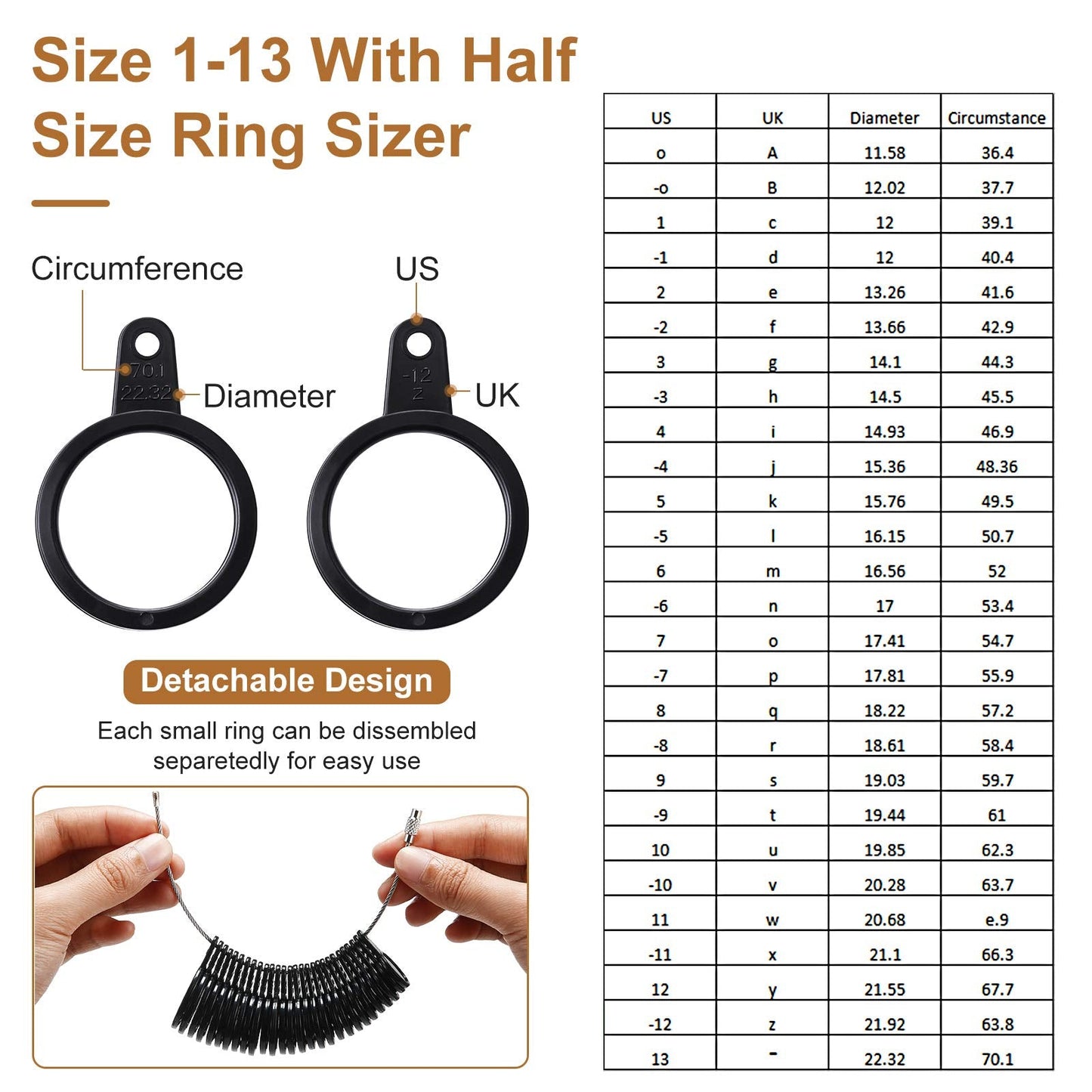 11 Pieces Metal Us UK Ring Mandrel Set, Size 1-13 with Half Size Ring Sizer Gauge Jewelry Mandrel Jewelry Hammer Adjuster Polishing Cloth Polishing Stick Polished Agate Knife Measuring Tool(Black)