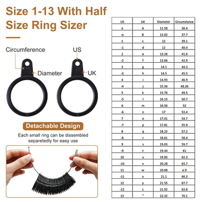 11 Pieces Metal Us UK Ring Mandrel Set, Size 1-13 with Half Size Ring Sizer Gauge Jewelry Mandrel Jewelry Hammer Adjuster Polishing Cloth Polishing Stick Polished Agate Knife Measuring Tool(Black)