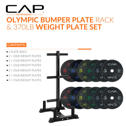 CAP Barbell 370 lb Economy - Speckled Olympic Plate Set with Traditional Plate Rack & Barbell Storage | 6 Weight Posts + 4 Barbell Holders