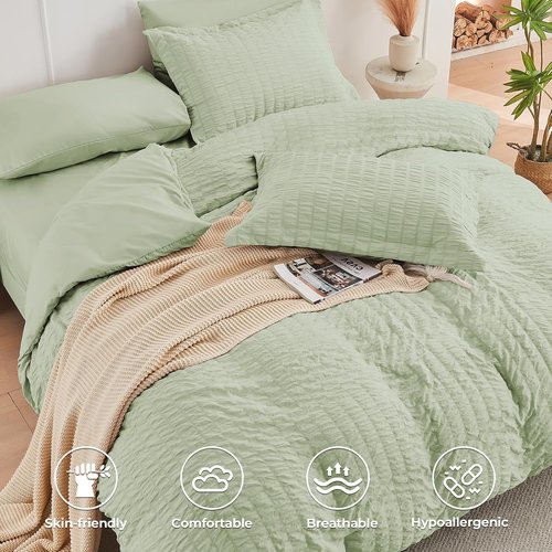 HYMOKEGE Queen Comforter Set - Light Green Seersucker 7-Piece Luxury Bedding Set for All Seasons
