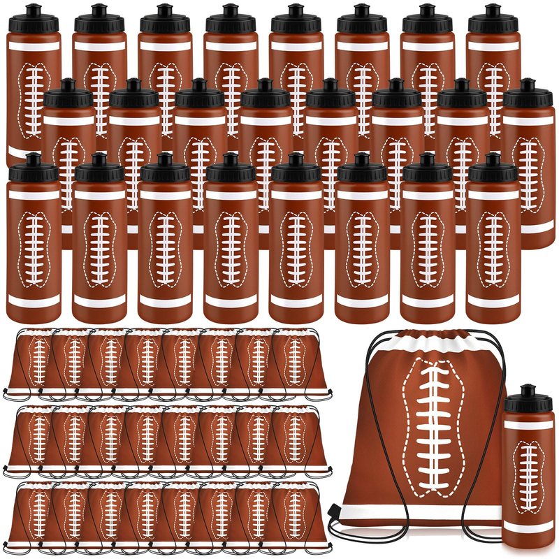 Denylo pro 24 Sets Football Water Bottle with Football Drawstring Bag Set Plastic Brown Water Bottles for Rugby Player Sport Gym Party Favor