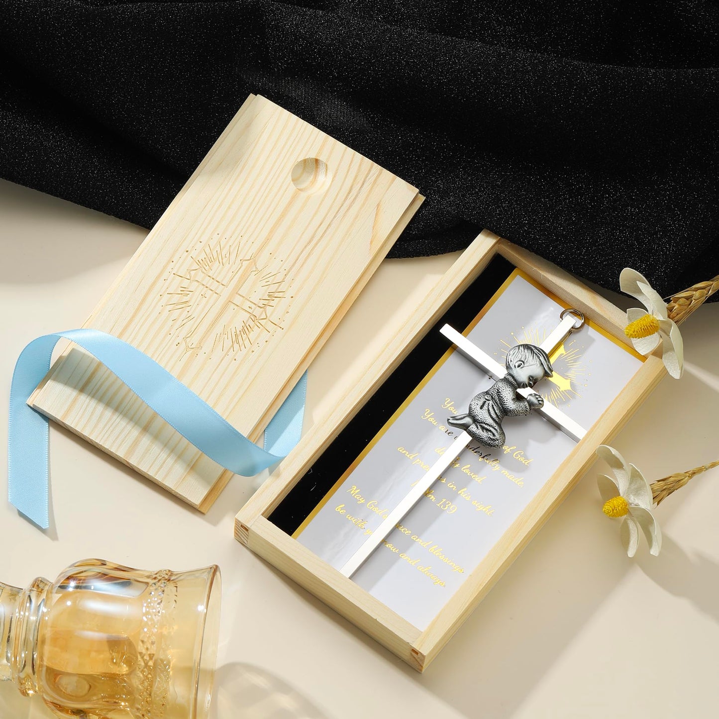 Baptism Gifts for Boys & Girls,First Communion Gifts for Kids,Christening Baby Shower Party 6in Praying Cross (1pc Silver Boy with Wooden Box)