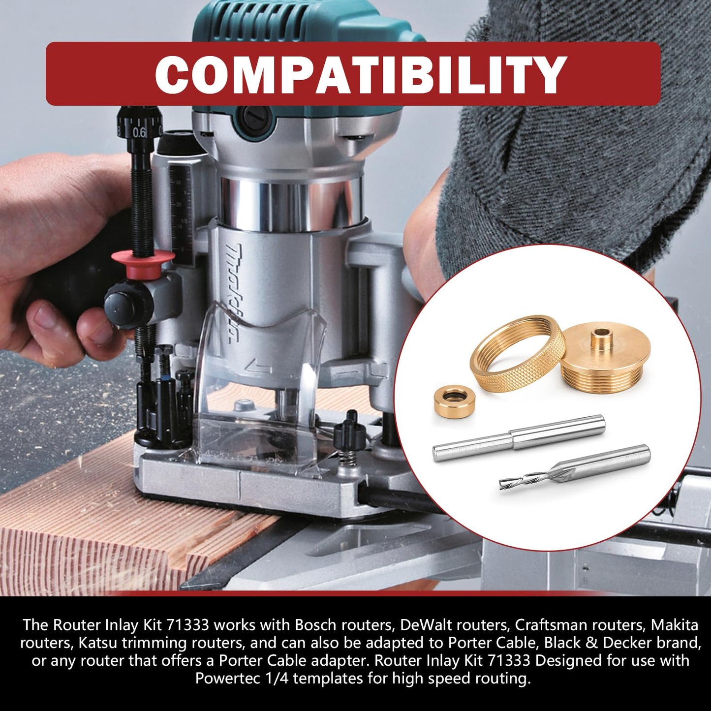 Router Inlay Bushing Kit Replacement for Router Template Guide Set Solid Brass Router Inlay Kit 71333 Fits for 1/4 Router Templates for Wood.